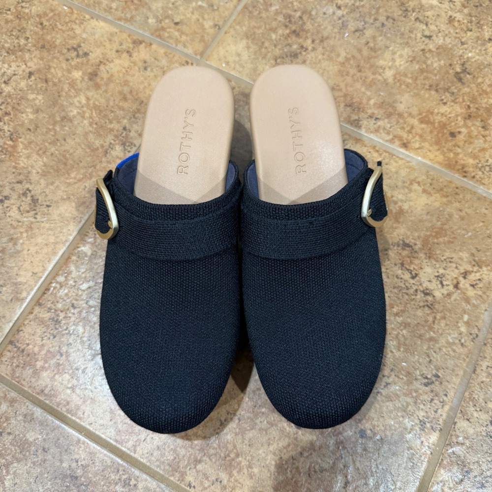 Rothys The Classic Clog Black Platform Buckle Knit Shoes Womens Size 8 NWOB - Picture 2 of 10